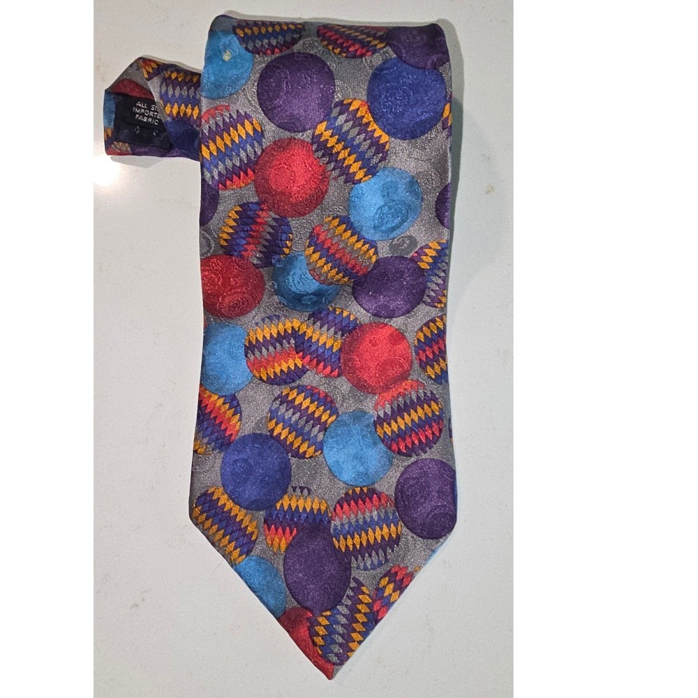 Vintage Monsieur Givenchy Silk Tie Grey Purple Red Geometric Orb Pattern Necktie
